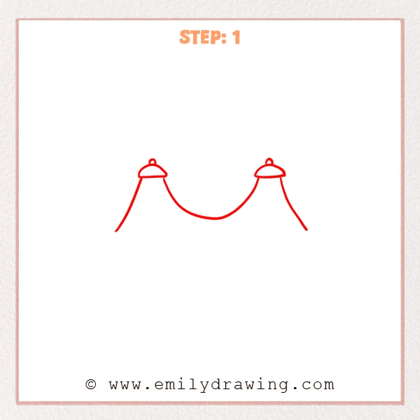 how to draw a golden gate bridge - Step 1 of how to draw the Golden Gate Bridge shows two tower tops with small caps and one long main cable curve sagging between them.